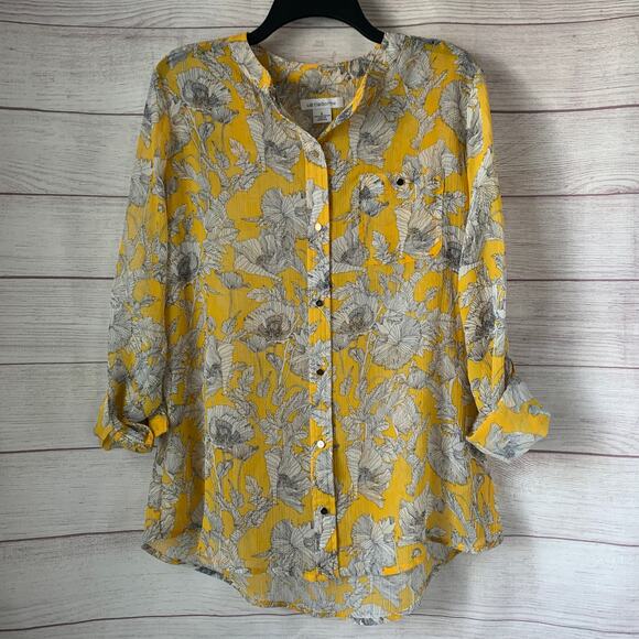 Liz Claiborne Yellow Sketch Floral Blouse Sheer Long Roll Tab Sleeves Size L - Picture 1 of 16